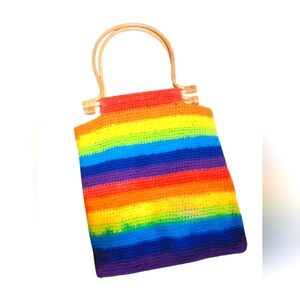 New Hand Woven Rainbow Stripe Colored Rectangular Bag With Double Bamboo Handles